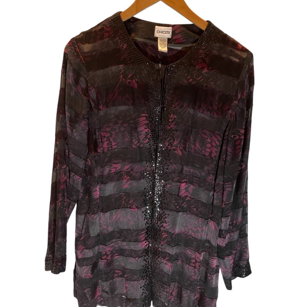 Chico's Maroon BlackSheer Striped Blouse Cardigan with Sequin Accents Size M